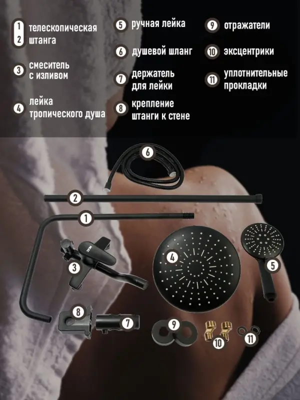 Душевая система ZEIN ZS-1BL, смеситель, тропическая и ручная лейка 3 режима, латунь, черная