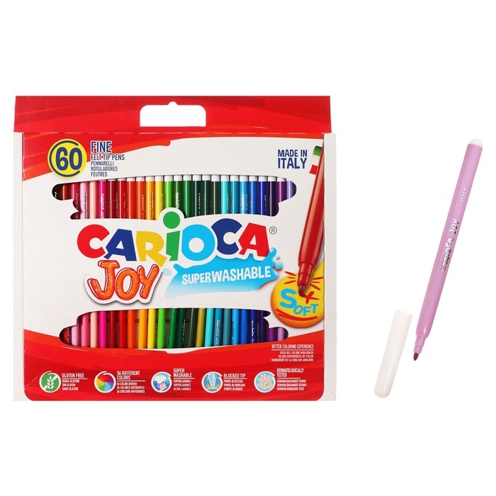 Фломастеры 36 цветов 60 штук, Carioca  Фломастеры 36 цветов 60 штук, Carioca "Joy", тонкий наконечник, стойкие, легко смываемые и нетоксичные чернила, макси упаковка, картонный пенал