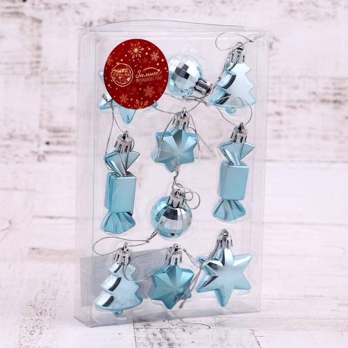 Набор украшений пластик 10 шт "Сюрприз" (4 звезды, 2 конфеты, 2 ёлки, 2 шара-4 см) голубой