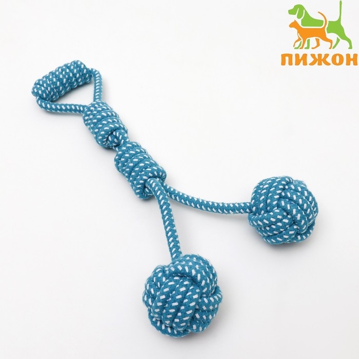 Игрушка канатная с ручкой и мячами Игрушка канатная с ручкой и мячами "Дуэт", до 35 см, до 180 г, голубая/белая
