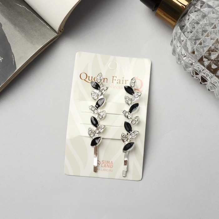 Невидимка для волос  Невидимка для волос "Аннабелль" (набор 2 шт) лепесток чёрный, 6,5 см, серебро