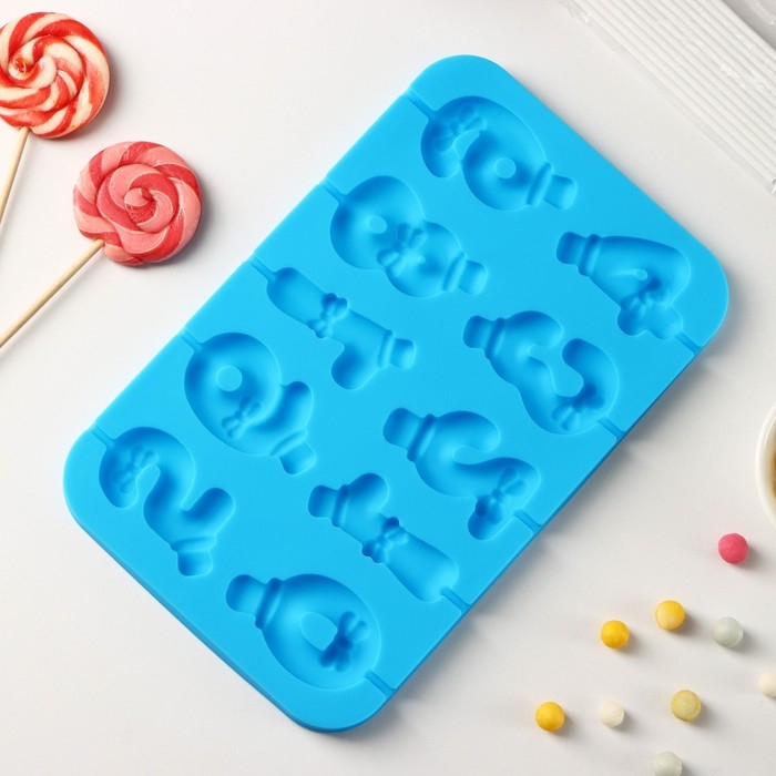 Форма для леденцов Доляна «Цифры-мальчики», силикон, 22×14×1 см, 10 ячеек (5,5×3,5 см), с палочками, цвет синий Форма для леденцов Доляна «Цифры-мальчики», силикон, 22×14×1 см, 10 ячеек (5,5×3,5 см), с палочками, цвет синий