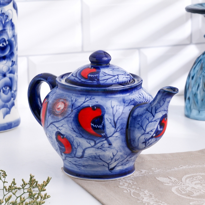 Чайник Чайник "Уют", снегири, маленький, 14 х 14 см, гжель