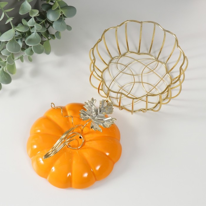 Шкатулка металл, керамика Шкатулка металл, керамика "Тыква с листочком" оранжевая с золотом 14х14х13 см