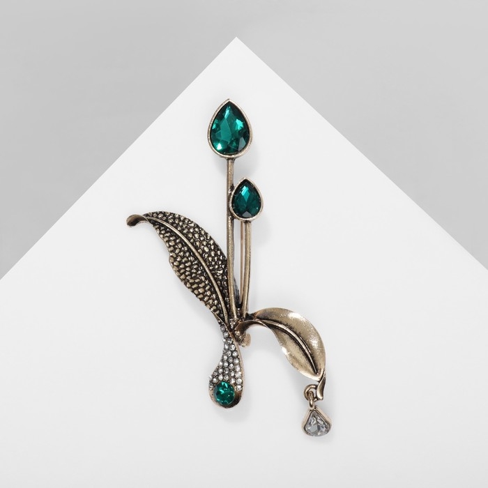 Брошь «Листва» с росой, цвет бело-зелёный в чернёном золоте Брошь «Листва» с росой, цвет бело-зелёный в чернёном золоте