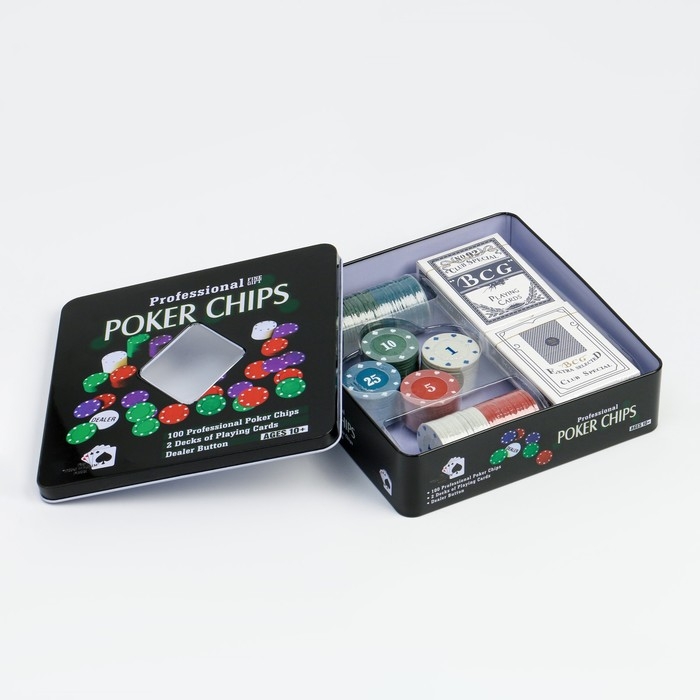 Покер, набор для игры (карты 2 колоды, фишки 100 шт.), с номиналом, 20 х 20 см Покер, набор для игры (карты 2 колоды, фишки 100 шт.), с номиналом, 20 х 20 см