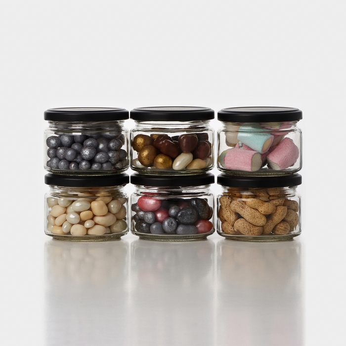 Набор стеклянных банок с черной крышкой и этикеткой, ТО-82, 250 мл, 6 шт Набор стеклянных банок с черной крышкой и этикеткой, ТО-82, 250 мл, 6 шт