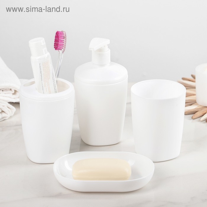 Набор аксессуаров для ванной комнаты Aqua, 4 предмета (дозатор, мыльница, 2 стакана), цвет белый Набор аксессуаров для ванной комнаты Aqua, 4 предмета (дозатор, мыльница, 2 стакана), цвет белый