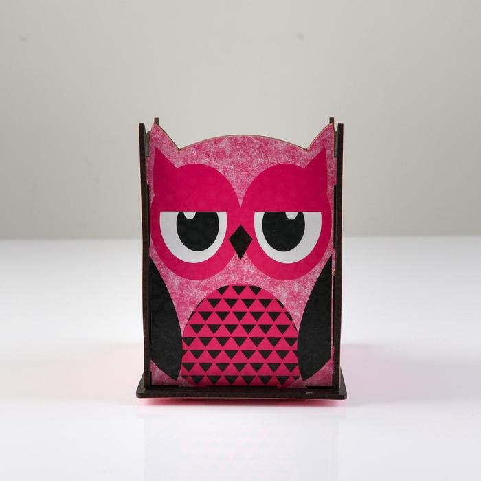Подставка для канцелярии деревянная "Совушка", с принтом, розовая