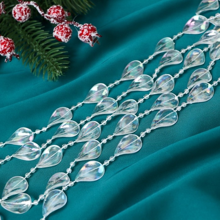 Бусы на ёлку 2,7 м d-15 мм Бусы на ёлку 2,7 м d-15 мм "Льдинки" перо две бусинки, прозрачный перламутр