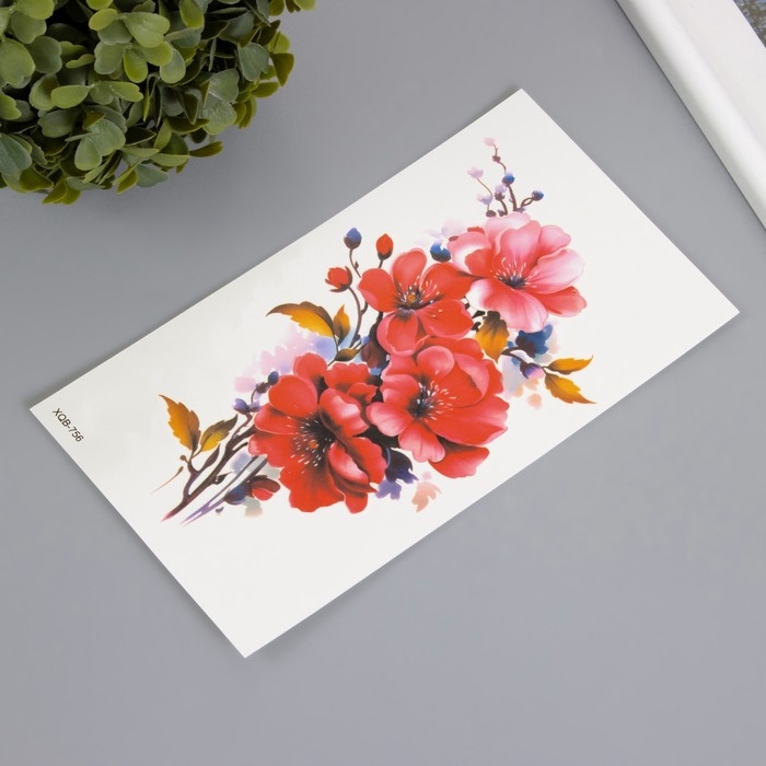 Татуировка на тело цветная  Татуировка на тело цветная "Ветка с красными цветами" 11,4х21 см