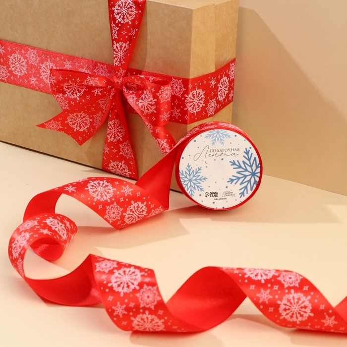Лента атласная «Снежинки», красная, 4 см х 5 метров Лента атласная «Снежинки», красная, 4 см х 5 метров
