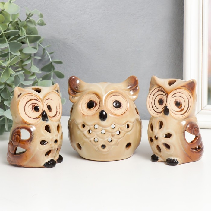 Подсвечник керамика Подсвечник керамика "Филины - ажур" набор 3 шт 9,5х7х7 10х9х7,5х10х6,5х7 см