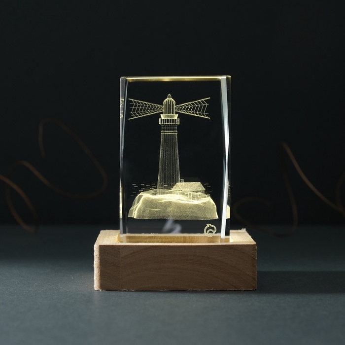 Сувенир стекло подсветка  Сувенир стекло подсветка "Прямоугольник. Маяк" подставка дерево, USB 7х7х10