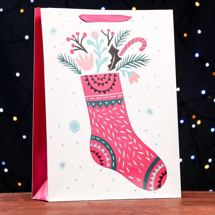 Новый год. Пакет ламинированный «Праздничный носок» 32 х 12 х 42 см