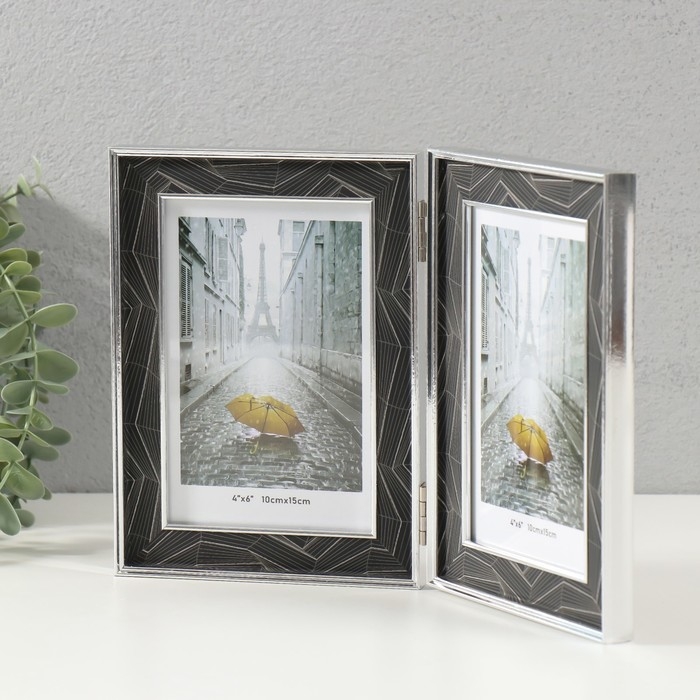 Фоторамка пластик на 2 фото 10х15 см Фоторамка пластик на 2 фото 10х15 см "Абстракция из линий на чёрном" серебро