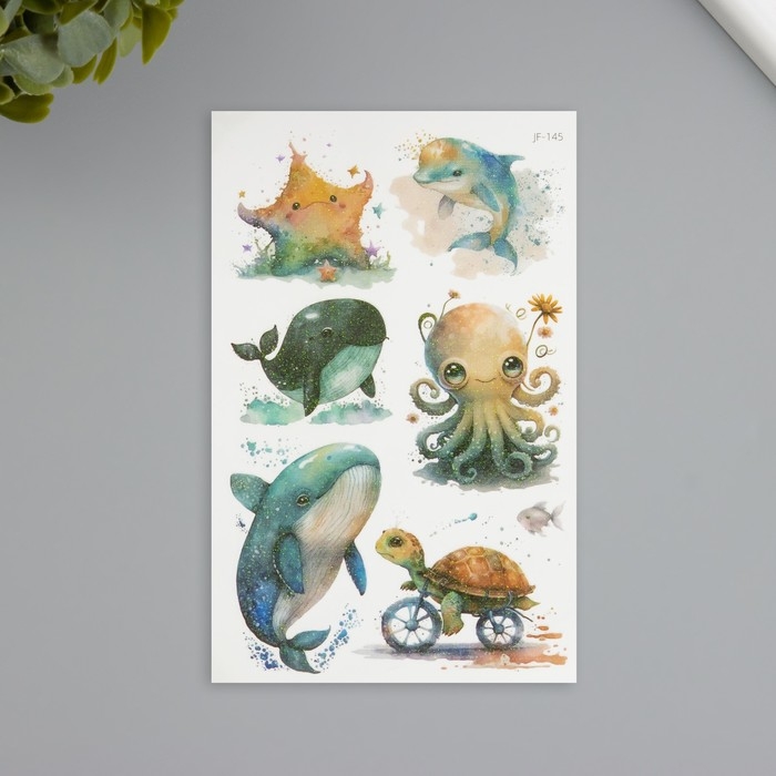 Татуировка на тело фосфорные с блёстками Татуировка на тело фосфорные с блёстками "Жители океана" 7,5х12 см