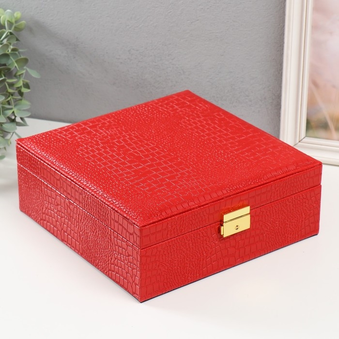 Шкатулка кожзам под часы 2 отделения и бижутерию  Шкатулка кожзам под часы 2 отделения и бижутерию "Кожа крокодила" красная 26х26,5х10 см