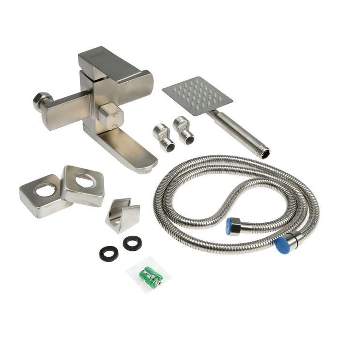 Смеситель для ванны ZEIN, квадрат, короткий излив, с душевым набором,  нержав сталь, сатин Смеситель для ванны ZEIN, квадрат, короткий излив, с душевым набором,  нержав сталь, сатин