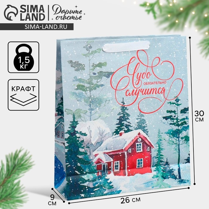 Пакет подарочный новогодний крафтовый вертикальный «Чудеса случаются», M 26 х 30 х 9 см, Новый год Пакет подарочный новогодний крафтовый вертикальный «Чудеса случаются», M 26 х 30 х 9 см, Новый год