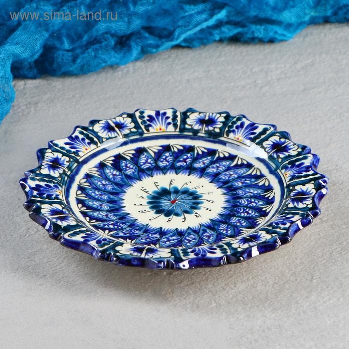 Тарелка Риштанская Керамика Тарелка Риштанская Керамика "Цветы", синяя, рельефная, 17см