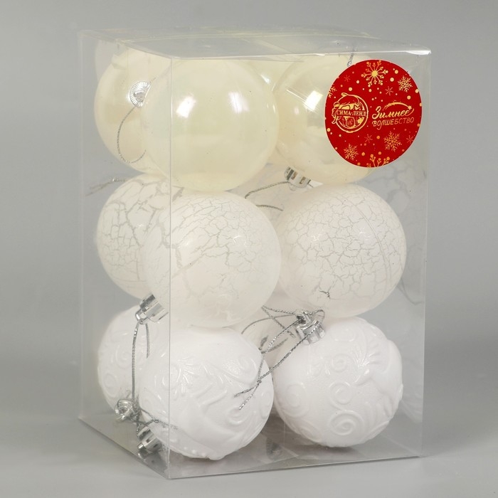 Набор шаров пластик d-6 см, 12 шт Набор шаров пластик d-6 см, 12 шт "Мелодия" узор треск, белый