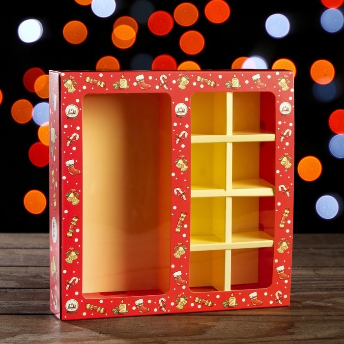 Новый год. Коробка под 8 конфет + шоколад, с окном,  Новый год. Коробка под 8 конфет + шоколад, с окном, "Ёлочные игрушки",17,7 х 17,85 х 3,85 см