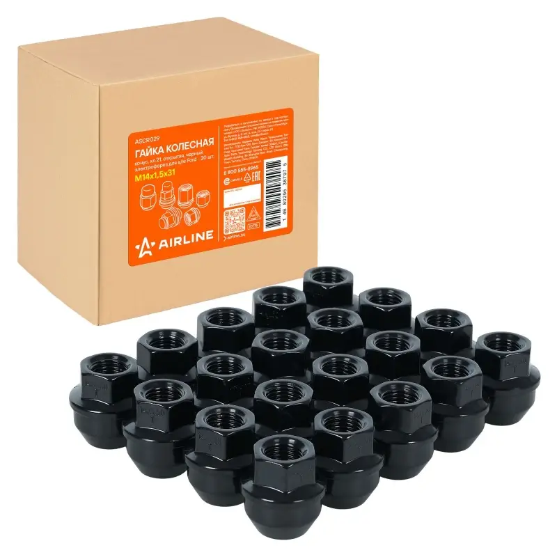 Гайка колесная M14x1,5x31, конус, ключ 21, открытая, черный электрофорез для а/м Ford