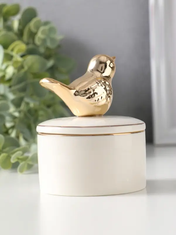Шкатулка керамика с золотой линией "Птичка" 7х7х9 см