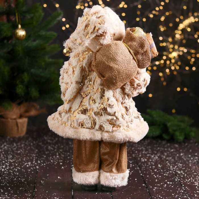 Дед Мороз Дед Мороз "В пушистой шубе, колпачке, с подарком" 47 см, бело-золотой