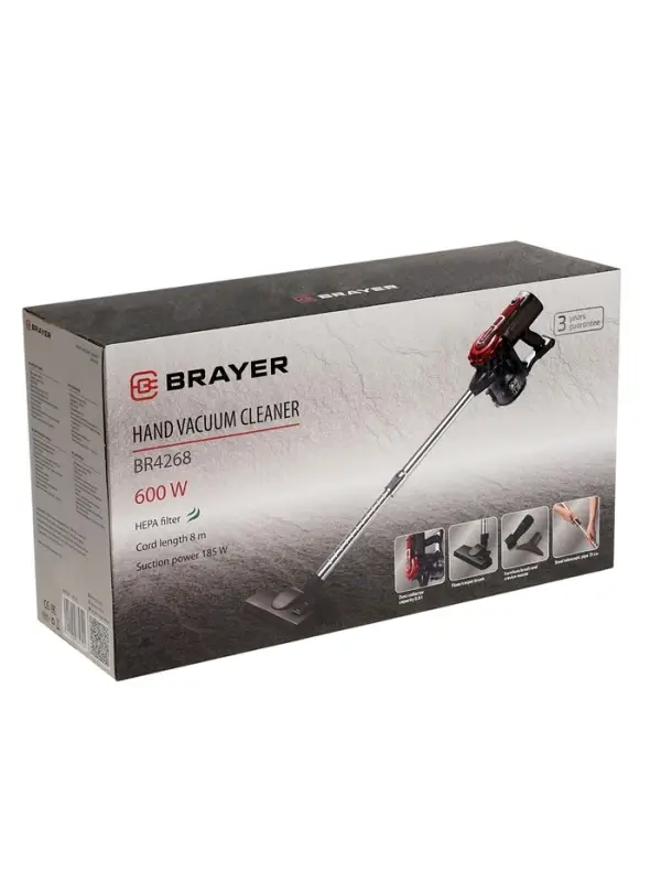 Пылесос BRAYER 4268BR, вертикальный, 600 Вт, 0.8 л, 70 дБ, 8 м, 2.8 кг, 2 насадки