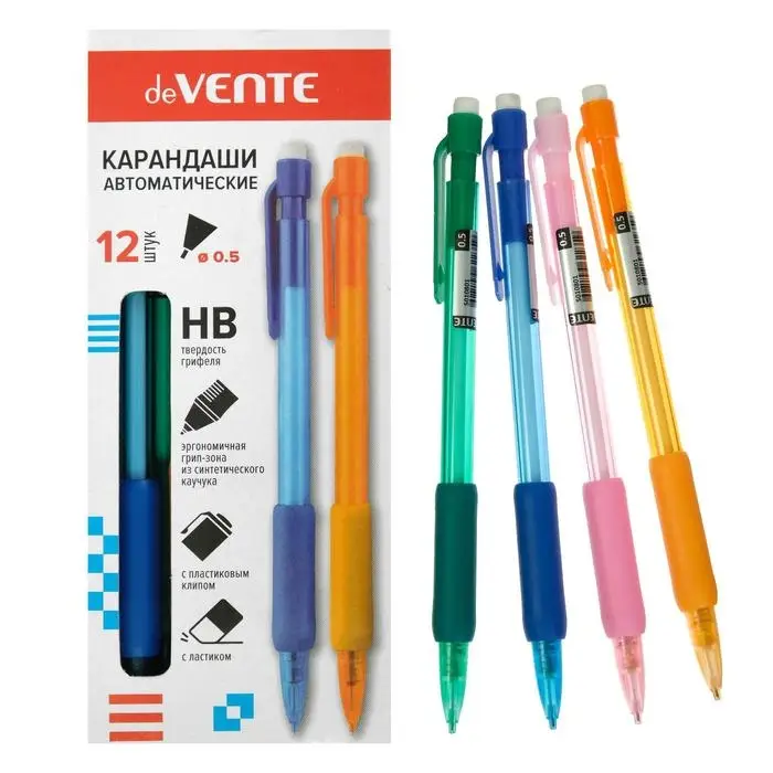 Карандаш механический deVENTE, 0.5 мм, НВ, каучуковый упор, полупрозрачный корпус, с клипом, МИКС Карандаш механический deVENTE, 0.5 мм, НВ, каучуковый упор, полупрозрачный корпус, с клипом, МИКС