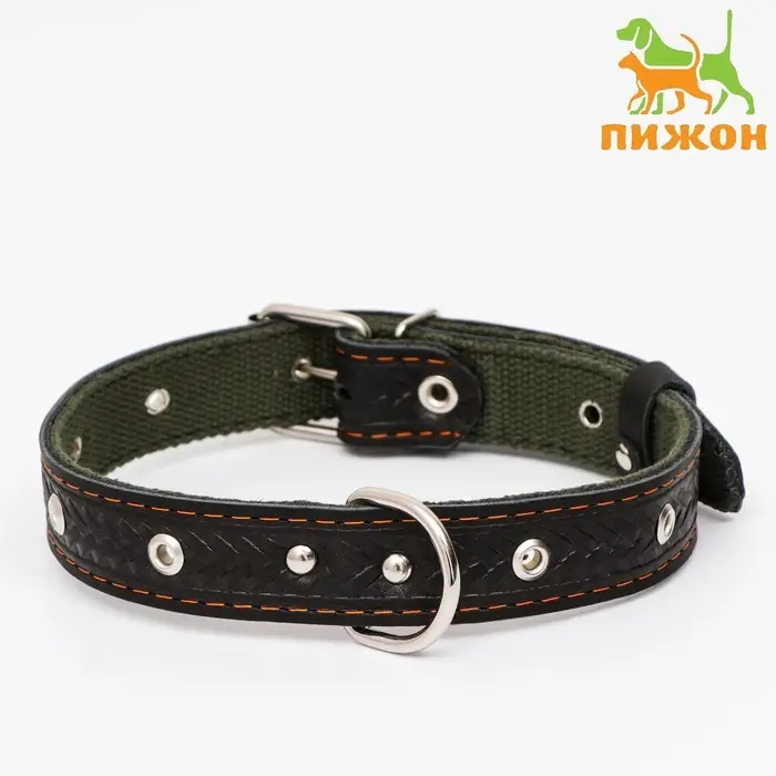 Ошейник комбинированный безразмерный, кожа/брезент, 60&times;3 см, ОШ 30-57 см, чёрный/зелёный