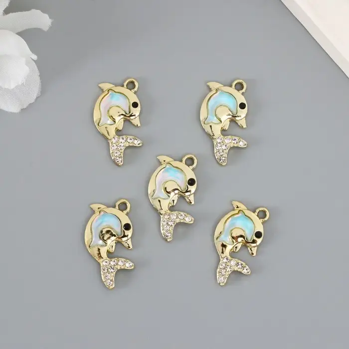 Декор для творчества металл, стразы "Двойной дельфин" голубой 2,2х2,1 см