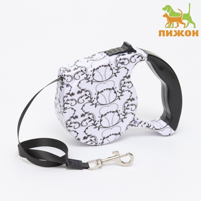 Рулетка с поводком-лентой, резиновая ручка, 5 м, вес животного до 15 кг, белая с орнаментом Рулетка с поводком-лентой, резиновая ручка, 5 м, вес животного до 15 кг, белая с орнаментом