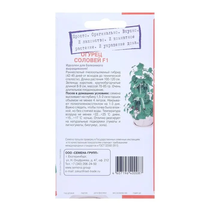 Семена  Семена "Растёт дома!" Огурец Соловей, F1  5 шт.