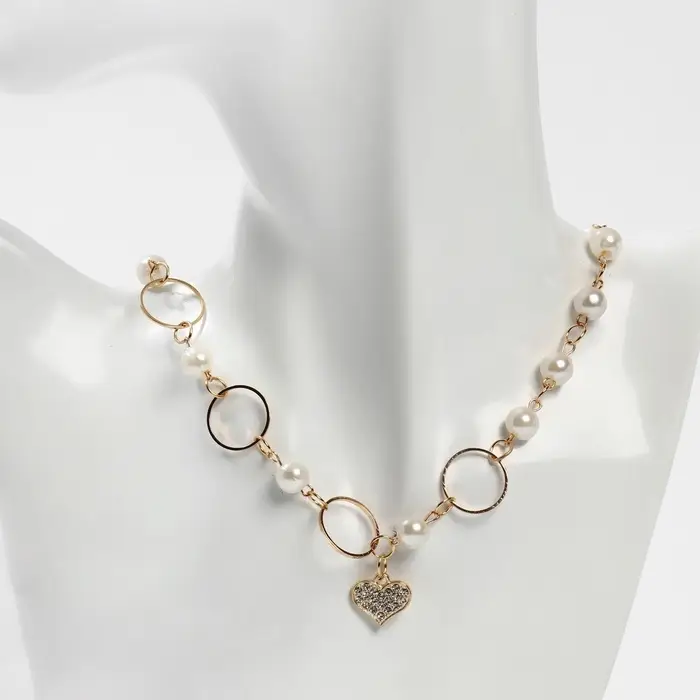 Колье с жемчугом &laquo;Сердце&raquo;, в круглых звеньях, d=0.6 см, белое в золоте, 36 см