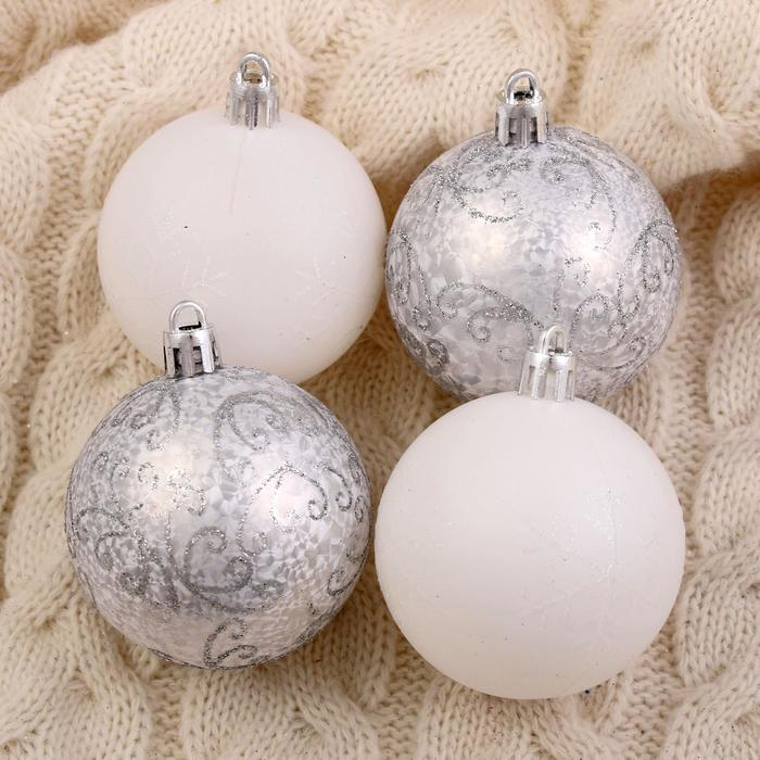 Набор шаров пластик d-6 см, 9 шт Набор шаров пластик d-6 см, 9 шт "Морозные узоры" белый, серебро