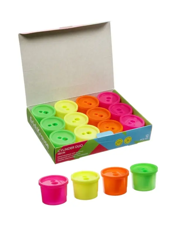 Точилка ErichKrause Cylinder Duo Neon, 2 отверстия, с контейнером, МИКС