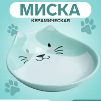 Миска керамическая &laquo;Голова кота 3&raquo; 260 мл 15.5&times;14.5&times;5 см, зелёная