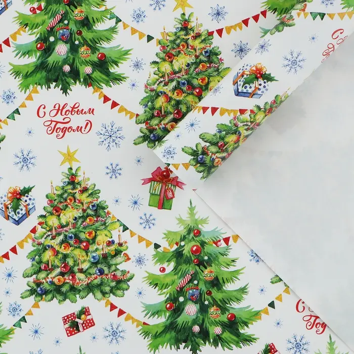 Упаковочная бумага на новый год «Хоровод ёлок», 70 х 100 см, глянцевая