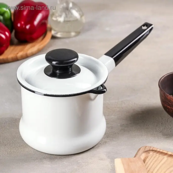 Ковш эмалированный, 1 л, с крышкой, без деколи, металлическая ручка, белый