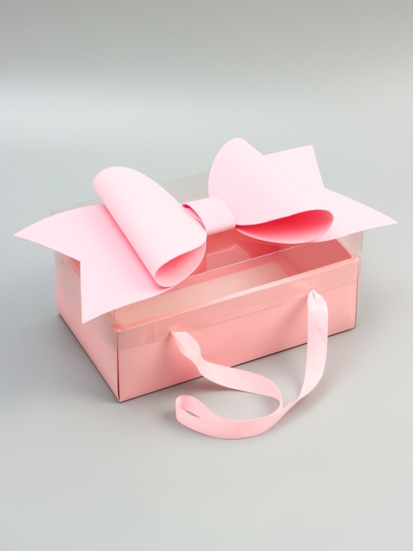 Коробка подарочная с бантом, ручками и прозрачной крышкой 35 х 21 х 15 см Розовая