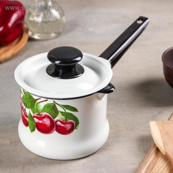 Ковш эмалированный «Вишневый сад», 1 л, металлическая ручка, цвет белый Ковш эмалированный «Вишневый сад», 1 л, металлическая ручка, цвет белый