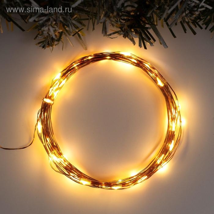 Гирлянда «Нить» 5 м роса, IP20, медная нить, 50 LED, свечение тёплое белое, USB