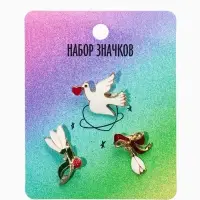 Броши "Голубь, подснежники" (набор 3шт), цветной в золоте Броши "Голубь, подснежники" (набор 3шт), цветной в золоте
