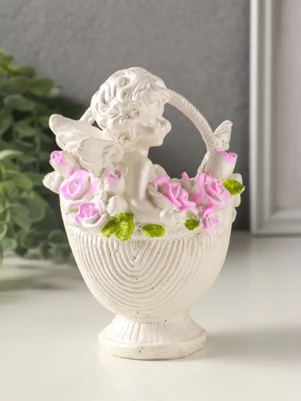 Фигурка гипс &laquo;Ангел в корзине&raquo;, 13&times;10&times;8 см, с росписью, белый