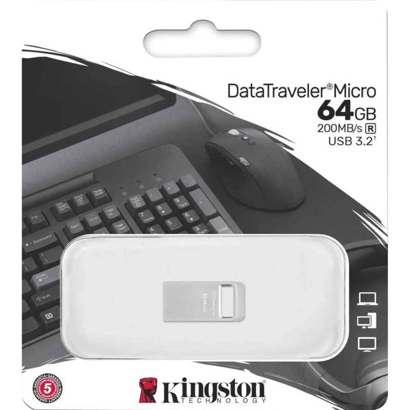 Флеш-память Kingston DataTraveler Micro G2, 64 Гб, USB 3.2, до 200 МБ/с