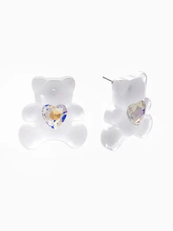Серьги &laquo;Мишки&raquo; с сердцем, прозрачно-белый с блёстками