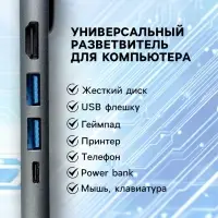 Type-C-разветвитель (HUB), HDMI/USB3.0/USB3.0/RJ45/PD, 60 ВТ, 3 А, кабель 13.5 см, серый
